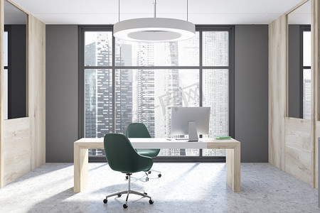 灰色和木制 Ceo 办公室内部有一个白色的地板和一个木制的电脑桌。两个黑色的椅子站在它附近。3d 渲染模拟
