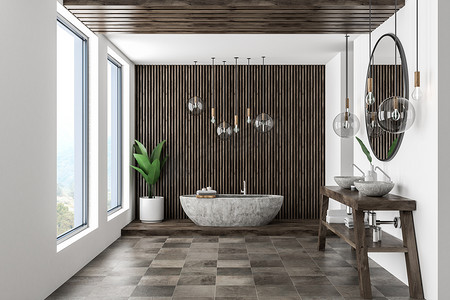 白色和木质浴室内铺有瓷砖地板, 白色浴缸和双水槽, 台面上有圆形镜面。3d 渲染