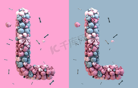 3d 渲染骨架字母在柔和的色调。在粉红色和蓝色背景的字母 L 分离的头骨和骨头。丰富多彩的万圣节派对海报. 