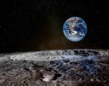 地球在月球地平线之上升起。Nasa 提供的这张图片的元素.