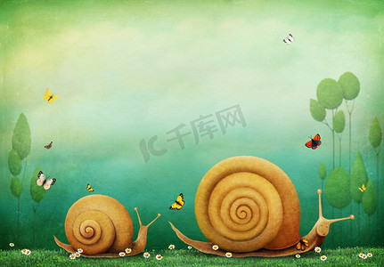 用鲜花和蜗牛的背景.