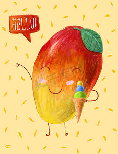 可爱和有趣的芒果性格吃冰淇淋和说你好, 卡通夏日插画. 