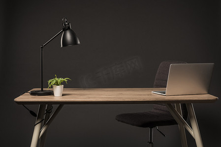 在灰色背景下, 将台灯、植物、书和笔记本电脑的椅子和桌子合上视图 