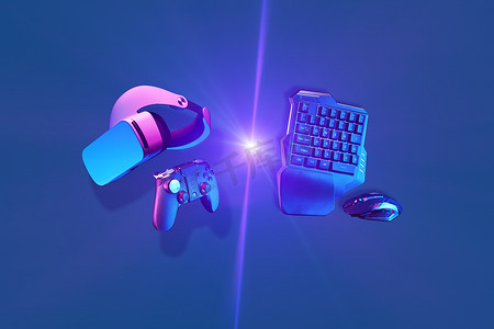 虚拟现实耳机和游戏面板相对于游戏键盘和鼠标.