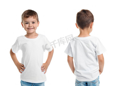 在白色背景的空白 t恤衫的小男孩正面和背面的看法。设计样机