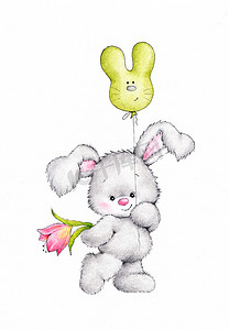 可爱的小兔子用花和气球