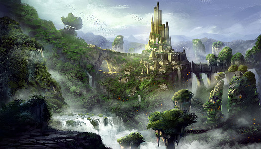 游戏场景摄影照片_城堡山以梦幻般, 现实和未来的样式。视频游戏的数字 Cg 图稿, 概念插图, 逼真卡通风格场景设计