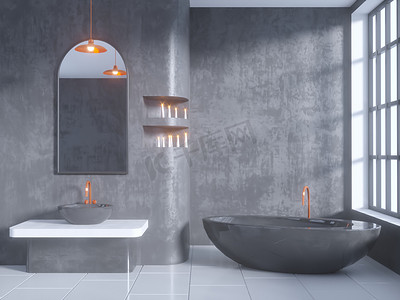 有圆形的海报摄影照片_灰色浴室内部与混凝土地板, 浴缸, 双水槽3d 插图模拟