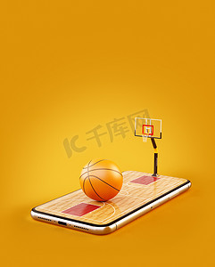 篮球3d摄影照片_在智能手机屏幕上球场上的篮球球的不寻常的3d 例证。观看篮球和投注在线概念