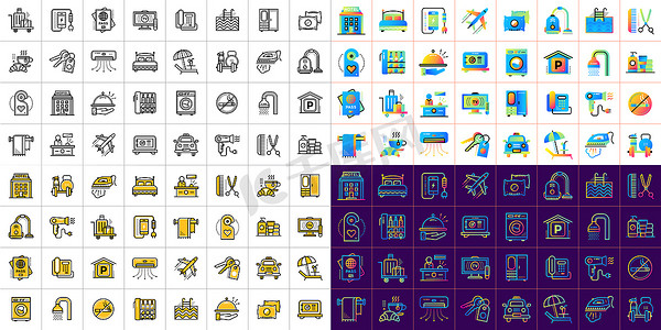 线性图标摄影照片_酒店服务的大线性图标集。用于打印的大纲图标,