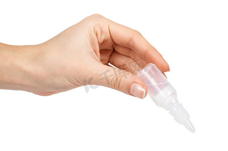 医用眼药水瓶, 手里有液体的容器。在白色背景下被隔离。医药解决方案
