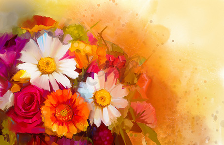 and摄影照片_Closeup Still life of white, yellow and red color flowers .Oil painting a bouquet of rose,daisy and gerbera flowers with soft red and yellow color background. Hand Painted floral Impressionist style