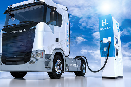 加油站标识摄影照片_加油站燃油分配器上的氢气标识。h2用于无排放环保运输的燃烧卡车发动机。3d渲染