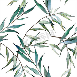 水彩绿柳枝。叶植物植物园花叶。无缝的背景图案。织物墙纸打印纹理。背景、纹理、包装图案的水彩画叶.