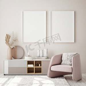 模拟导游摄影照片_模拟海报框架在现代室内背景, 客厅, 斯堪的纳维亚风格, 3d 渲染, 3d 插图