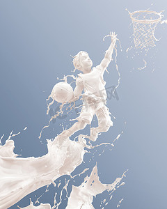泼洒牛奶的形式男孩的身体打篮球，男孩跳跃，溅牛奶与剪贴路径。3d 插图.