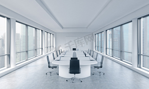 A bright modern panoramic meeting room in a modern office with Singapore view. The concept of the meeting of the Board of Director of the huge transnational corporation. 3D rendering.