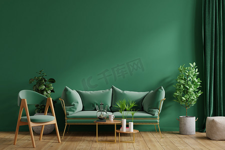 室内造型绿墙，绿沙发，客厅绿椅，3D渲染