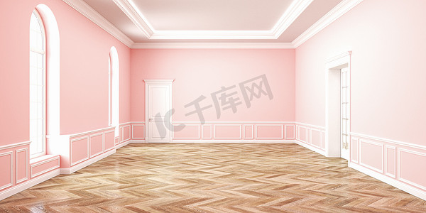 经典的粉红色玫瑰石英空空间内部。3d 渲染插图