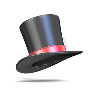 带红色丝带3d 渲染插图的魔术帽在白色背景上被隔离