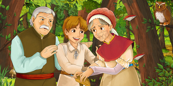 卡通场景摄影照片_卡通场景与年长的男人农民和女人的妻子和儿子在森林遇到一对猫头鹰飞 - 插图为孩子