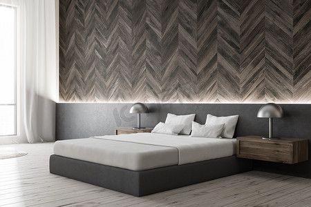 现代卧室的角落, 有木墙和灰色的墙壁, 木地板, 灰色的主床, 白色的封面和两个木制床头柜。3d 渲染