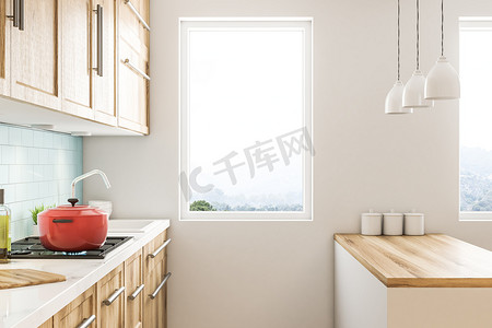 蓝色瓷砖厨房内饰与木台面和橱柜, 一个红色的炊具和几个盆栽植物。侧面视图。3d 渲染模拟