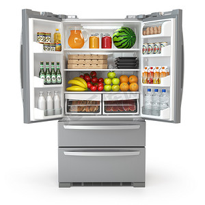 冰箱封条摄影照片_打开冰箱冰箱里装满了食物和饮料。