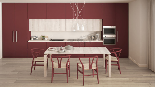 floor摄影照片_Modern minimal red kitchen with wooden floor, classic interior d