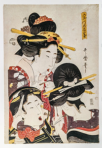 北川木版。美女把组成。传统的日本雕刻浮世绘.