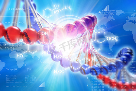 创造性的抽象 Dna 遗传研究科学医学技术分析概念: 3d 渲染 Dna 分子结构和研究数据空间的图解