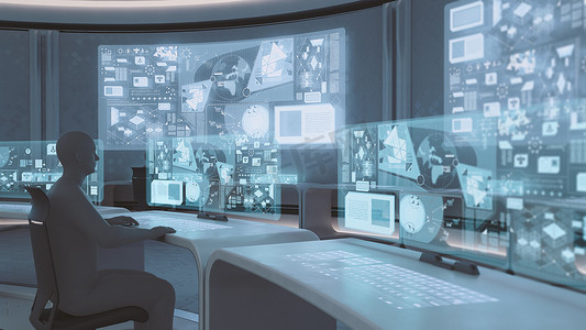 Modern, futuristic command center interior  with people silhouettes