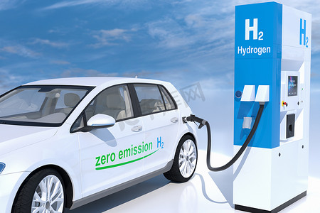 加油站标识摄影照片_加油站燃油分配器上的氢气标识.h2无排放环保型运输燃烧发动机。3d渲染