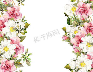 花的无缝水彩画边框与粉红色和白色的花.水产养殖