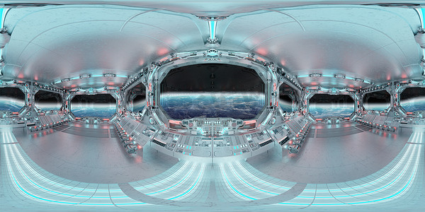HDRI全景白色蓝色宇宙飞船内部的窗户。未来航天器机房三维绘制高分辨率360度全景反射绘图