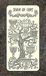 七杯。小奥秘塔罗牌。魔术门甲板。幻想雕刻插图与神秘的神秘符号和深奥的概念, 复古背景