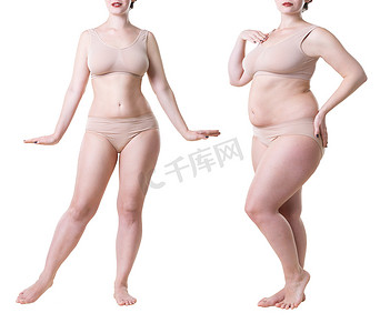 全长整形手术的概念：妇女在白种人背景下，在减肥前后的身体分离