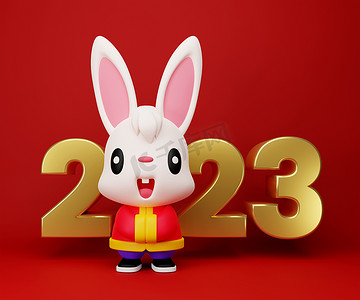 红色2023背景摄影照片_元旦2023年的主题。3D渲染兔子卡通人物问候与2023标志的红色背景。兔子年 