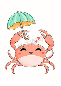可爱的小蟹，带着蓝色和黄色的伞