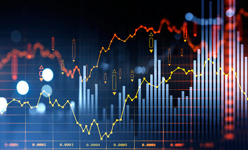 用直线、数字和条形图说明股票市场行为的财务图表和上升图。成功交易的概念。深蓝色背景。3d渲染