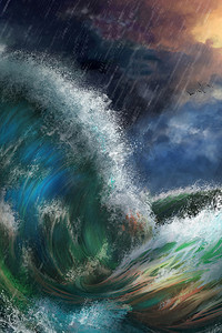 一艘带风暴海的小船。小说背景。概念艺术。逼真的插图。视频游戏数字Cg艺术品。自然风光.