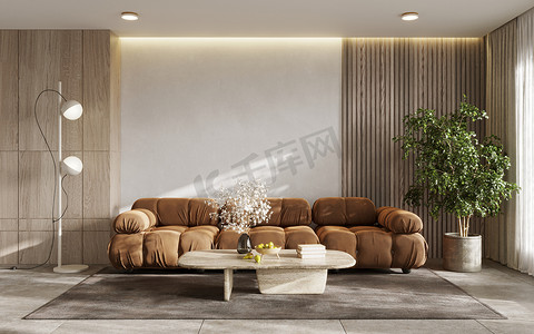 Stylish living room interior with design furnitre and elegant accessories, 3d render