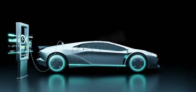 EV Car charging with modern UI control information display charging station. Future of mobility and Alternative sustainable Eco energy concept. 3d render and illustration