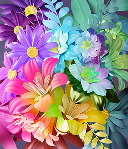 一束五颜六色的混合花.背景花卉装饰3D插图.