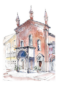墨迹分层摄影照片_意大利米兰圣卡利梅罗大教堂的砖砌外墙。在白色背景上隔离的手工绘制墨迹和水彩建筑插图