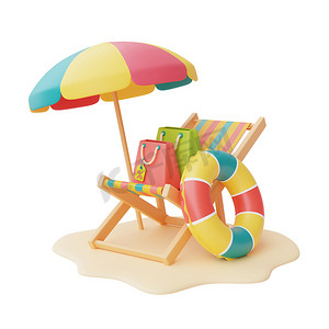夏季销售与海滩椅，伞和彩色充气环隔离白色背景，夏季海滩元素，3D渲染.