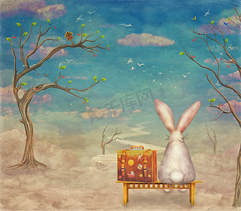 坐上板凳上云在天空，插画艺术的手提箱伤心兔