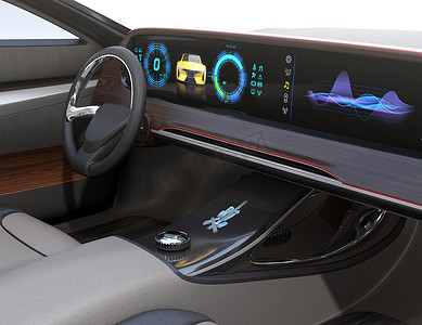 自动驾驶电动车内部的特写镜头。宽仪表盘显示速度计和音乐播放器.3D渲染图像.