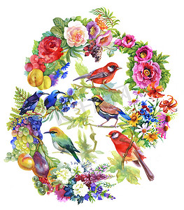 颜色鲜艳的鸟，用鲜花和水果