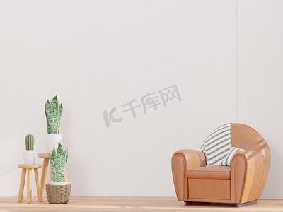 Living room and white wall,big window, brown leather sofa , minimal style ,mock up and copy space wall - 3d rendering -